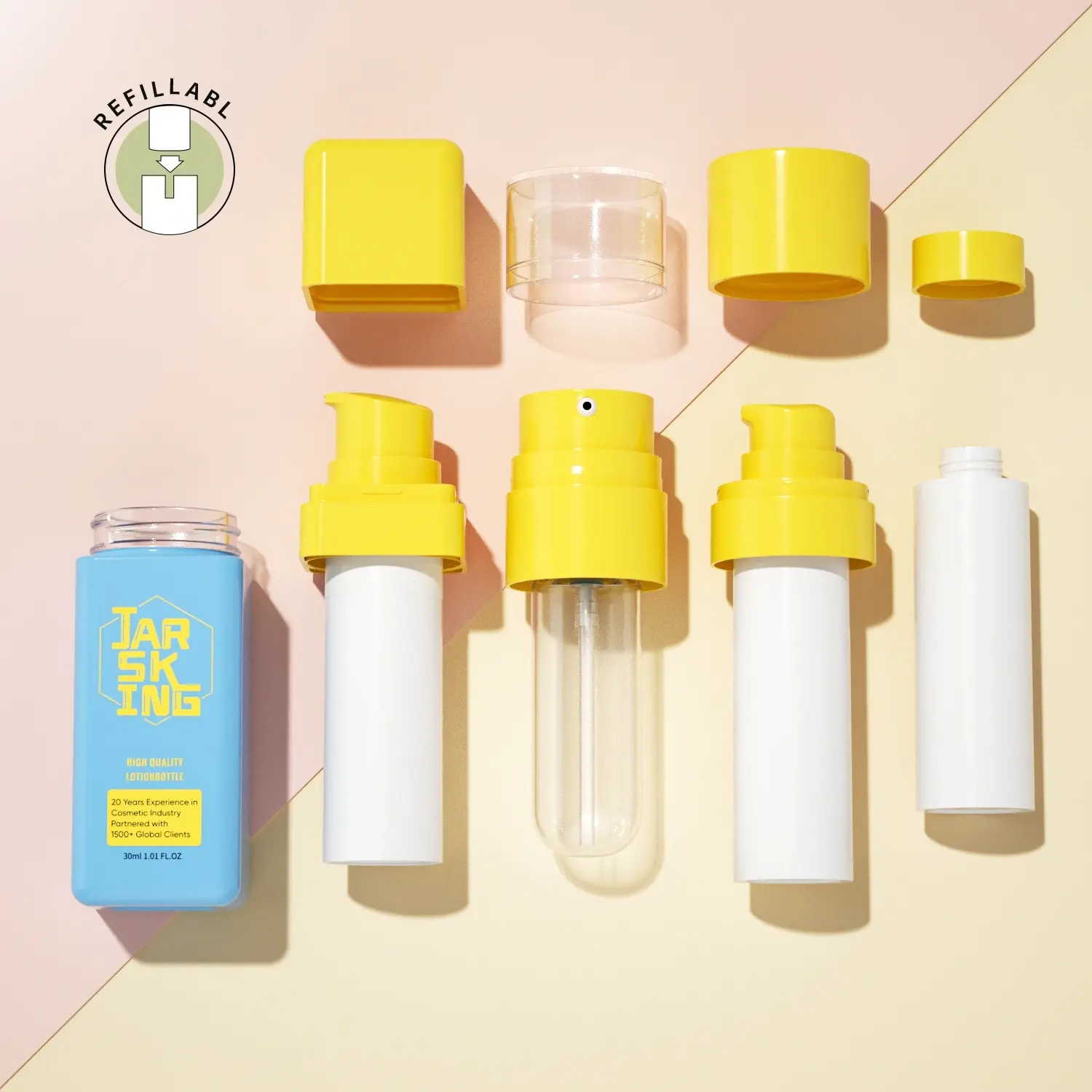 A Set of Cosmetic Bottles with Refillable Packaging