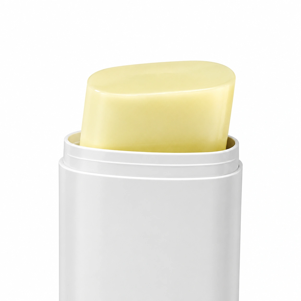 Stick container with mechanical locking cup to prevent product fallout