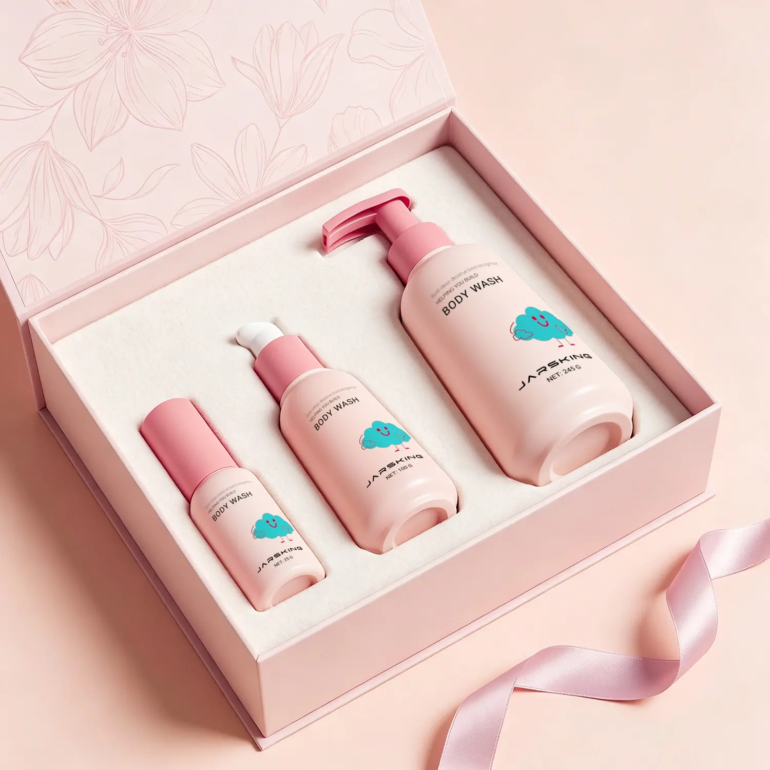 Private label body care gift set with standardized bottle packaging